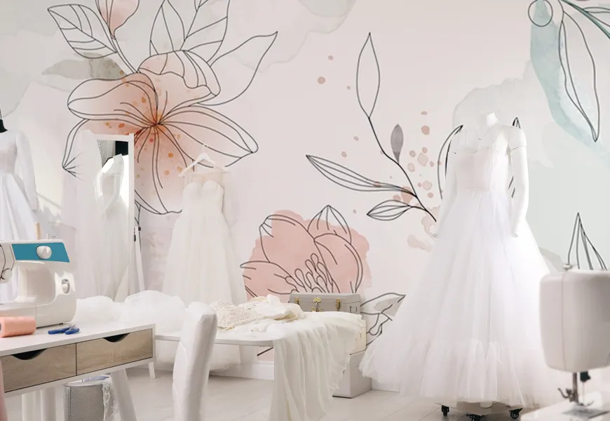 پوستر دیواری سه بعدی مزون عروس طرح نقاشی آبرنگ گل